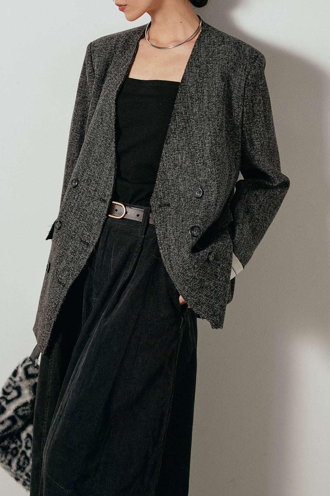 [SET]ノーカラーダブルボタンツイードジャケット+タック入りコーデュロイワイドパンツ(2set)