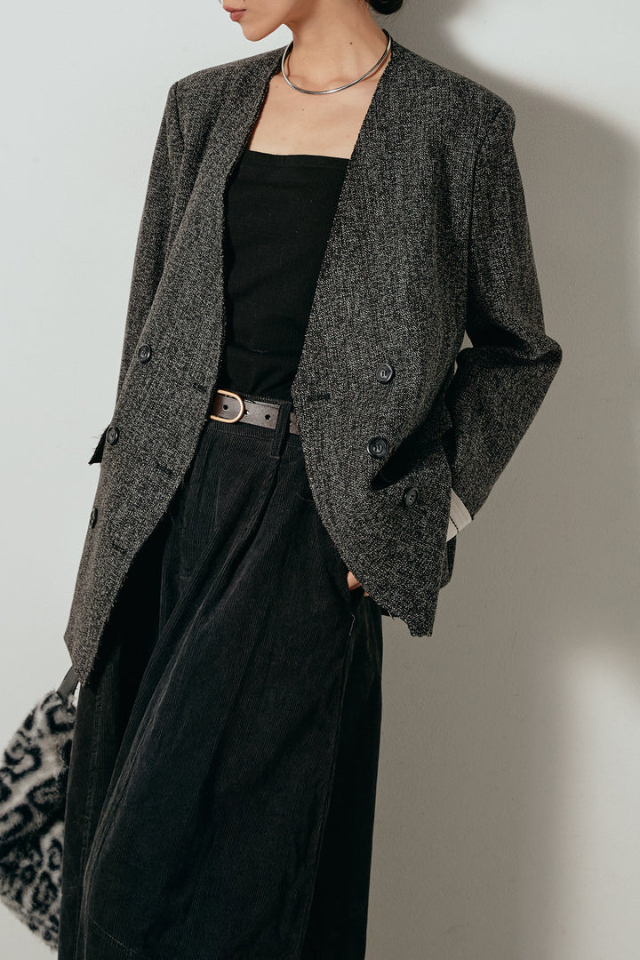[SET]ノーカラーダブルボタンツイードジャケット+タック入りコーデュロイワイドパンツ(2set)