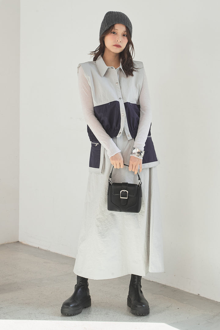 [SET]襟付きナイロンベスト+サイドデザインナイロンスカート+リブシアークルーネック長袖トップス(3set)