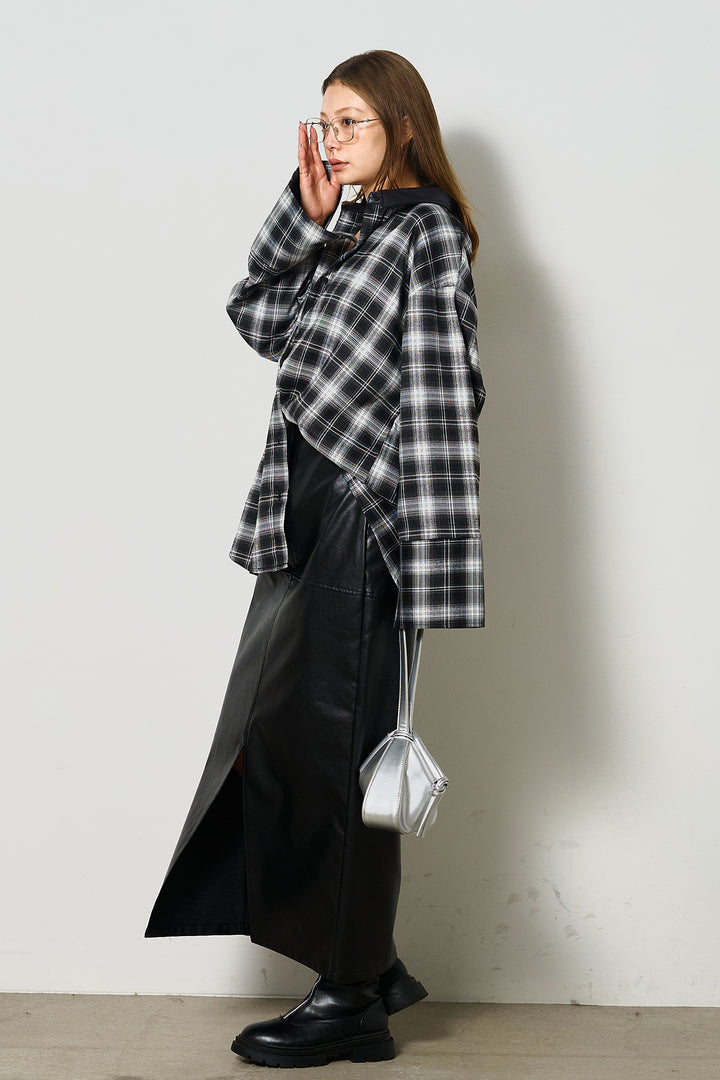 [SET]襟フェイクレザーネルチェックシャツ+フェイクレザーワイドスカート(2set)