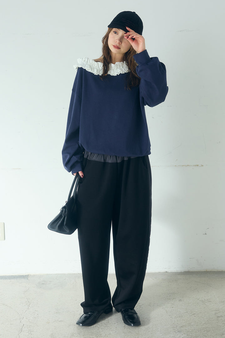 [SET]ネックギャザーフリルスウェット+異素材切り替えスウェットパンツ(2set)