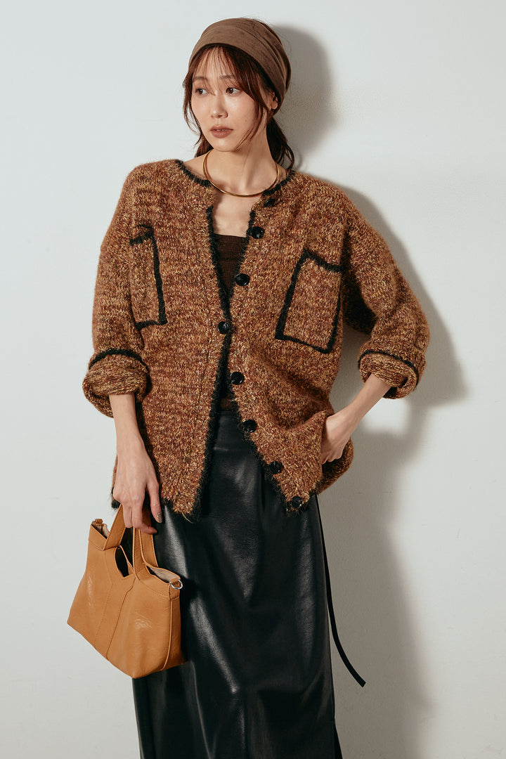 [SET]ミックスニットポケットカーディガン+紐付きフェイクレザーワイドスカート(2set)