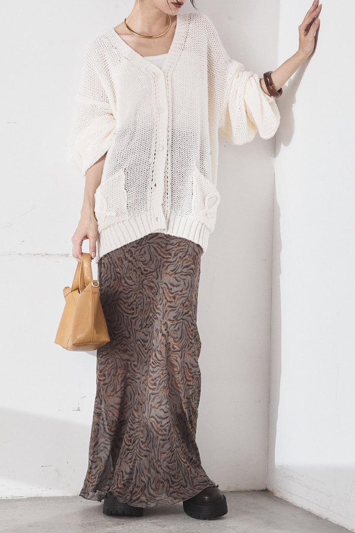 [SET]コード刺繍リラックスニットカーディガン+抽象柄ロングスカート(2set)