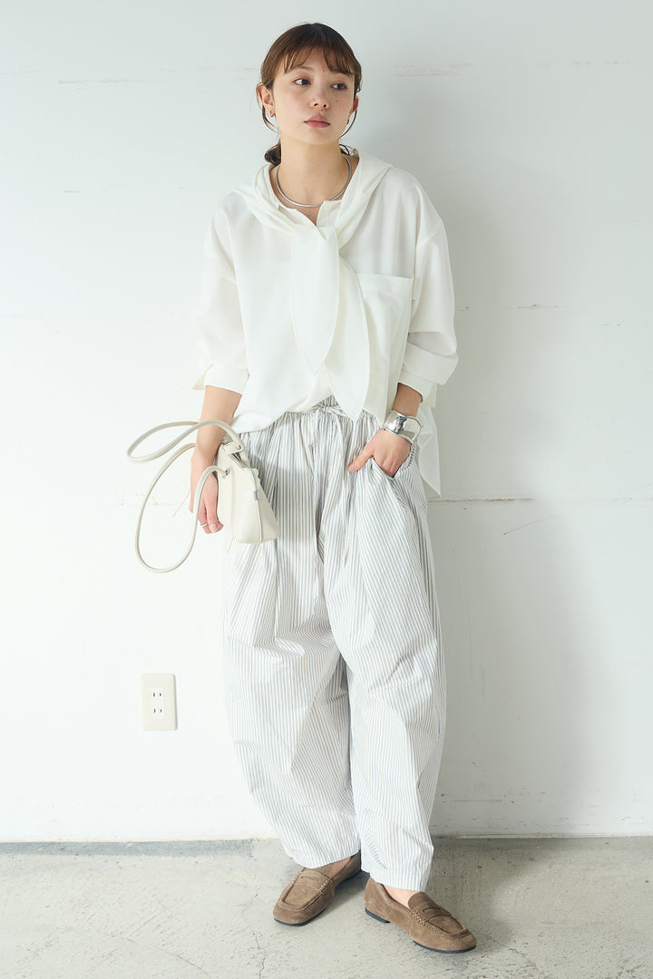 [SET]無地タイ付フーディーBIGシャツ+ランダムストライプタックギャザーパンツ(2set)