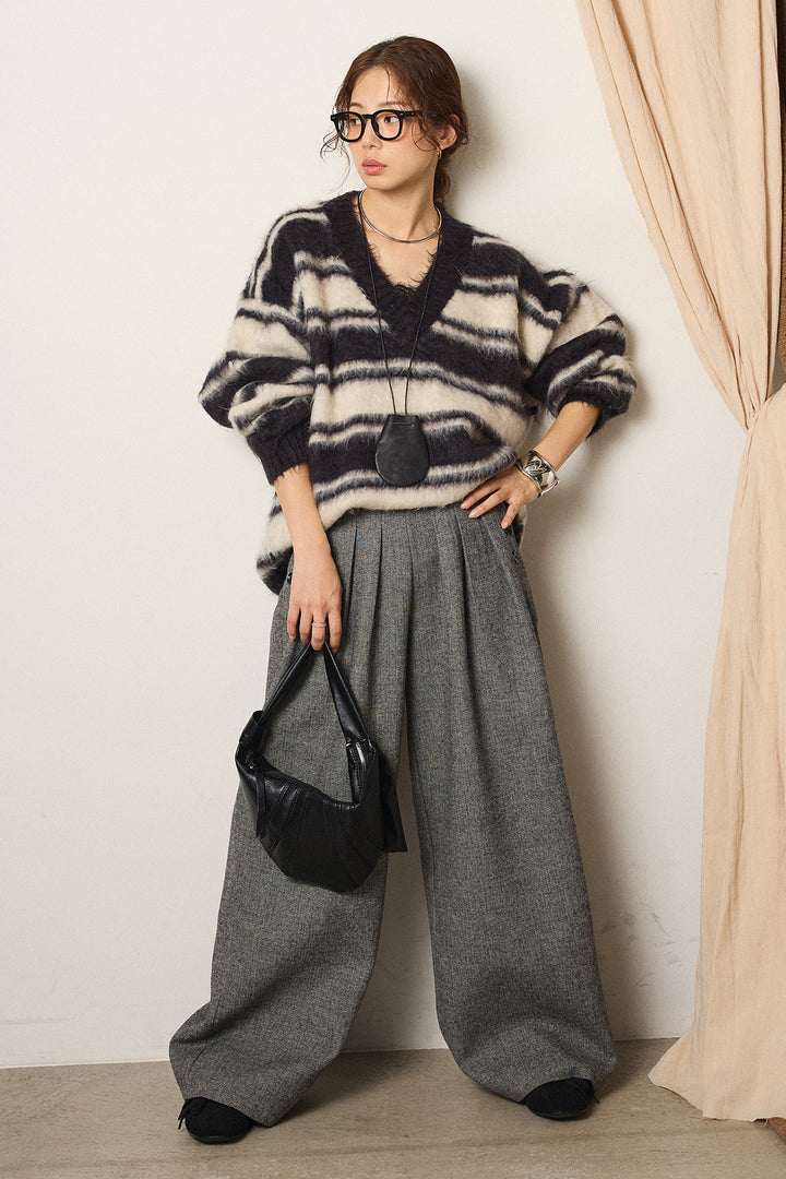[SET]ルーズVネックボーダーニットトップス+サイドボタンツイードタックパンツ(2set)