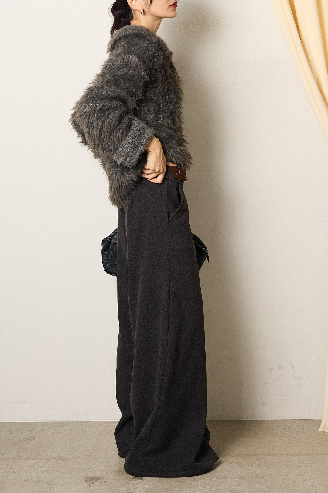 [SET]襟付きシャギーニットカーディガン+サイドベルトパンツ(2set)