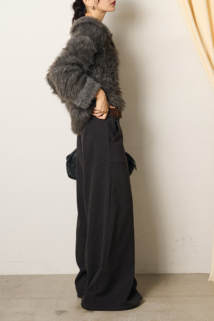 [SET]襟付きシャギーニットカーディガン+サイドベルトパンツ(2set)