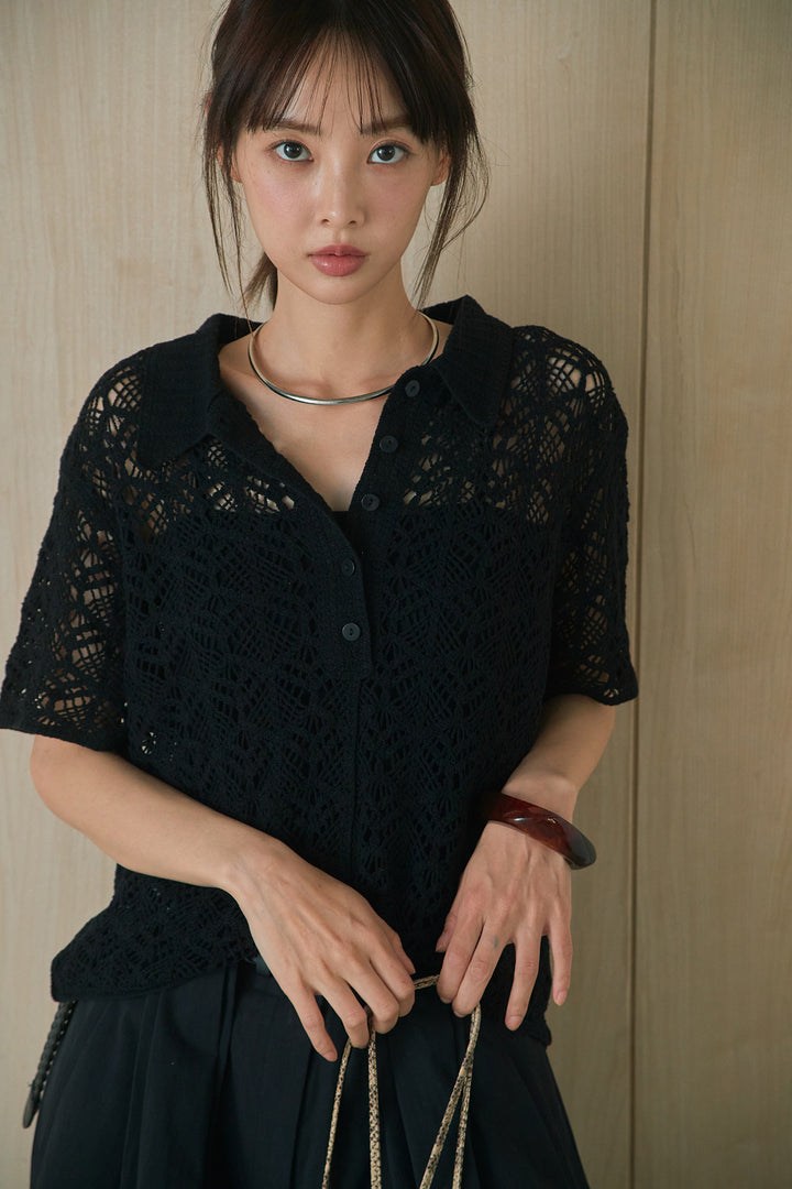 [SET]クロシェ編みニットポロ+ニーサイドタックボリュームカーブパンツ(2set)