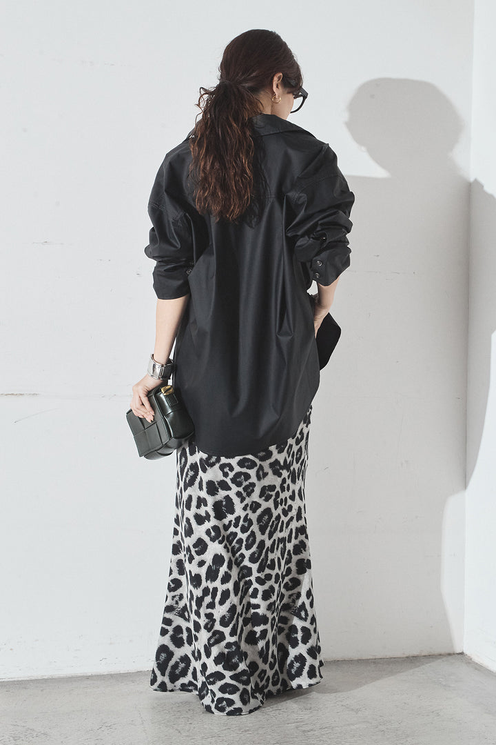 [SET]ウォッシャブルエコレザービックカフスシャツ+レオパードサテンナロースカート(2set)