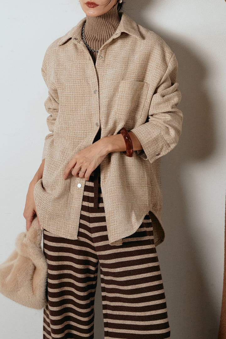 [SET]ルーズクラッシュツイルシャツ+リブニットシームレスタートルプルオーバー+ボーダーリラックスニットパンツ(3set)