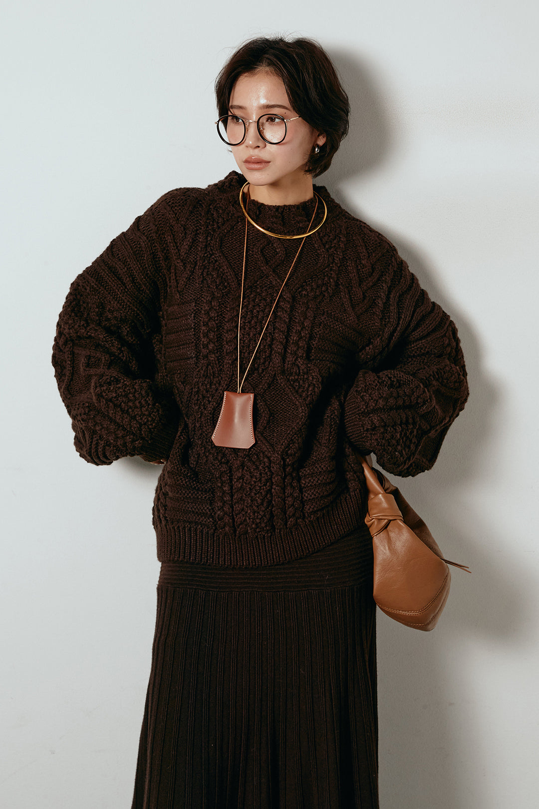 [SET]アラン柄ミックスケーブルニット+編み地切り替えフレアニットスカート(2set)