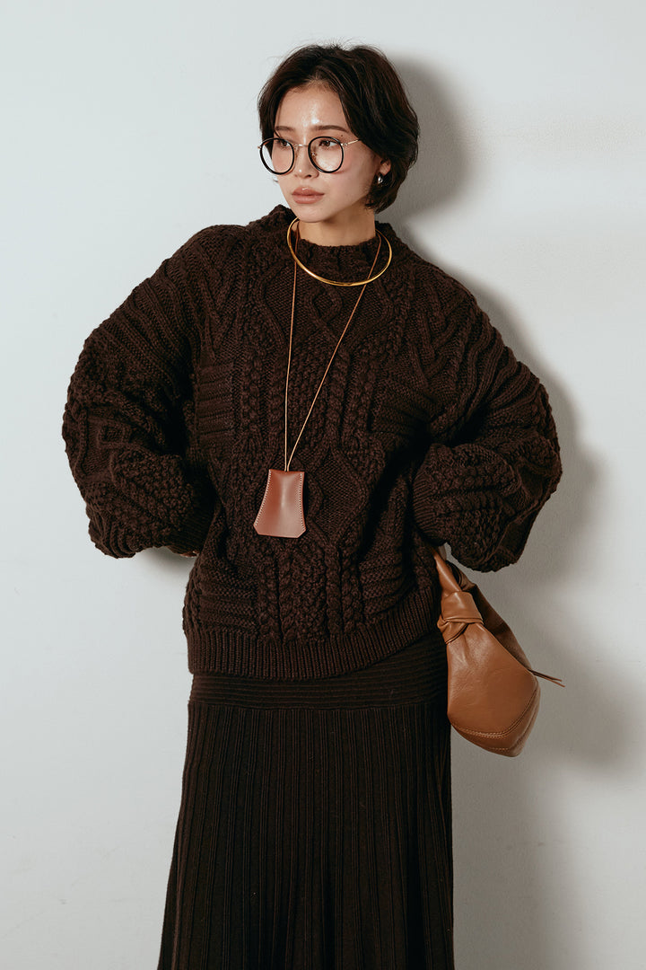 [SET]アラン柄ミックスケーブルニット+編み地切り替えフレアニットスカート(2set)