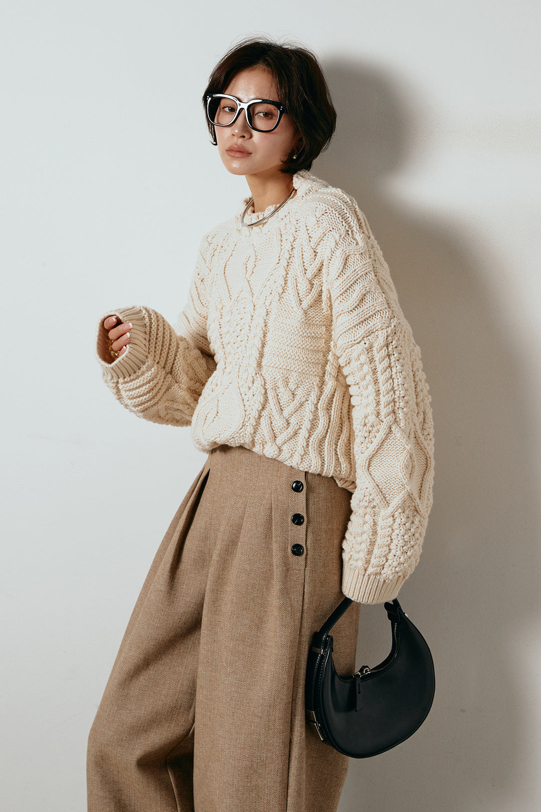 [SET]アラン柄ミックスケーブルニット+サイドボタンツイードタックパンツ(2set)