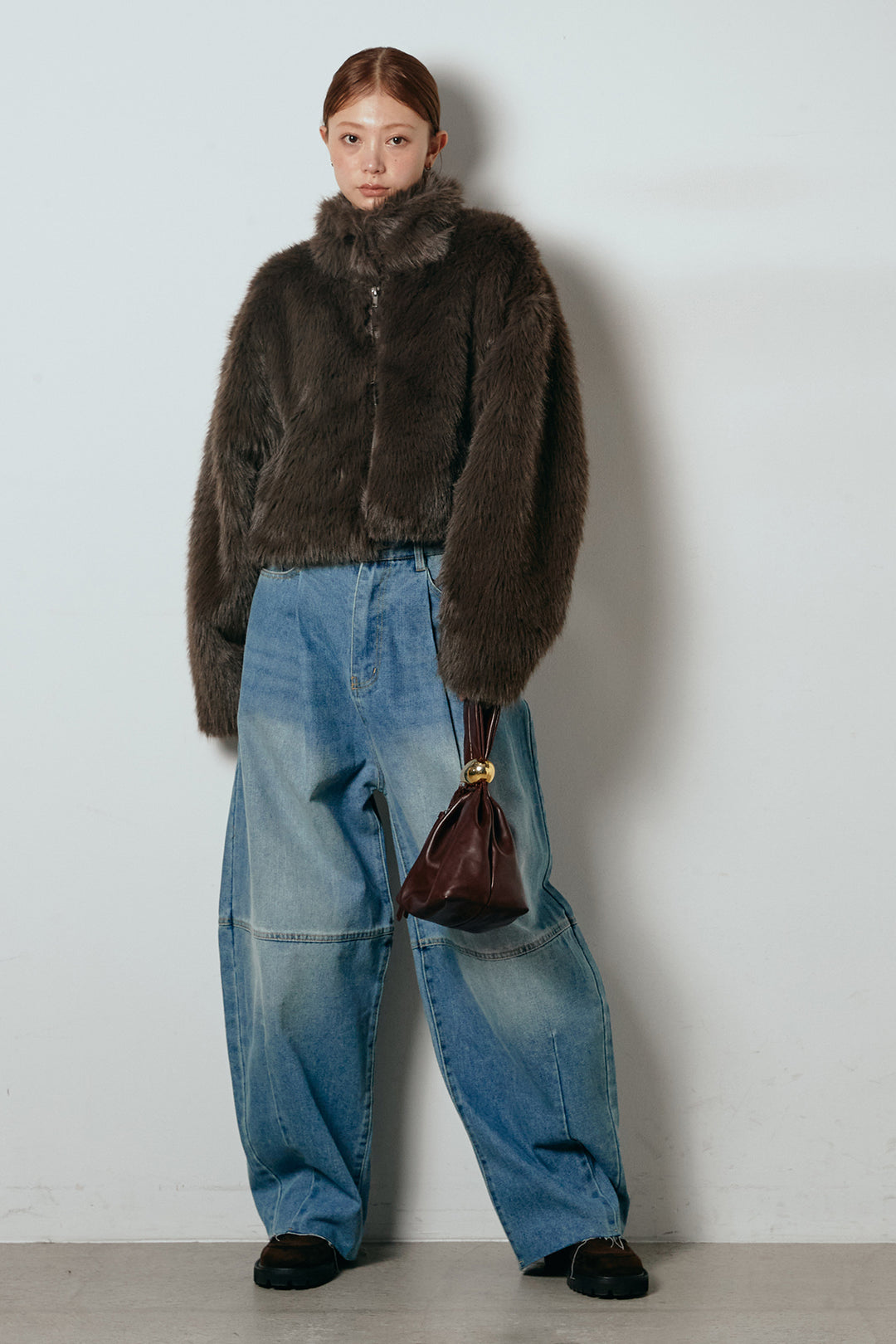 [SET]エコファーショート丈ブルゾン+加工デニムタックコクーンワイドパンツ(2set)