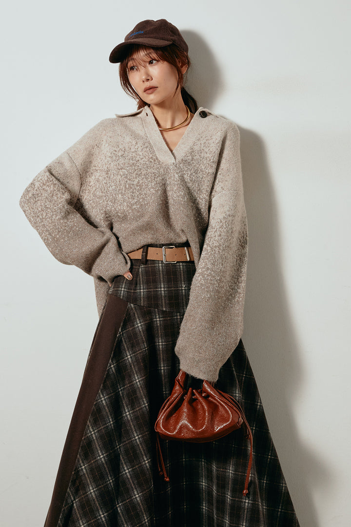 [SET]グラデーションラメニットキーネックプルオーバー+フェイクレザーベルト付き切り替えタータンチェックスカート(2set)
