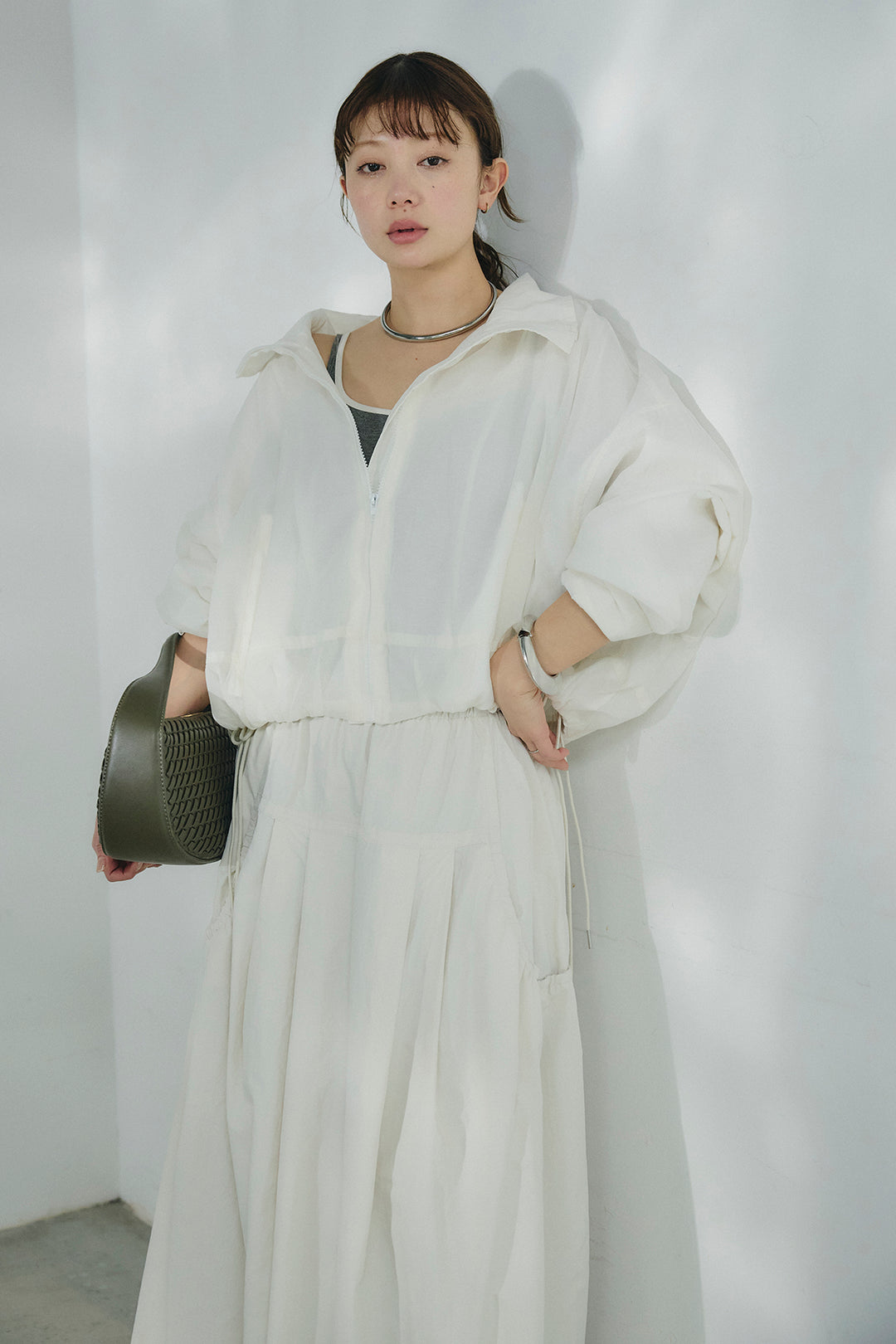 [SET]スタンドネックシアーブルゾン+ナイロンデザインフレアスカート(2set)