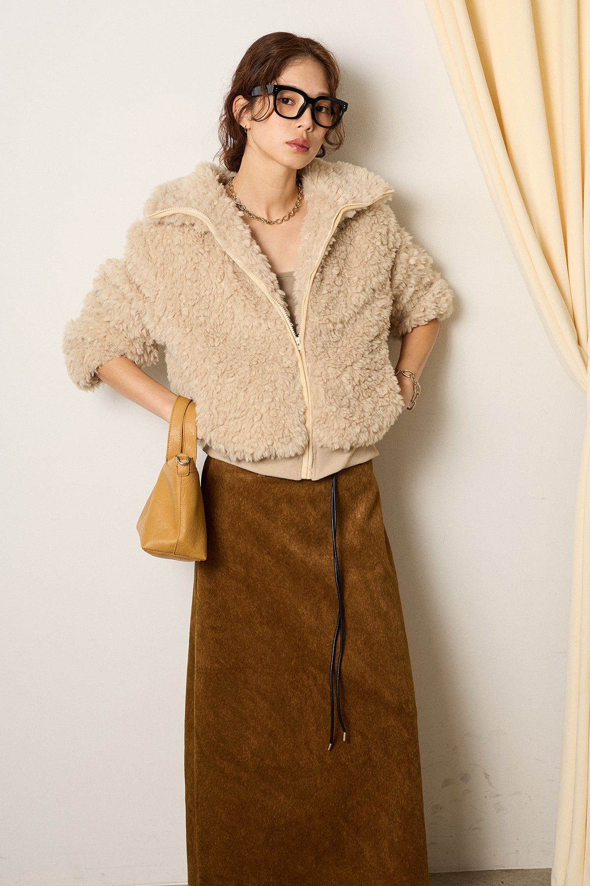 SET]スタンドカラー裾リブボアブルゾン+ロープベルト付きスウェード調