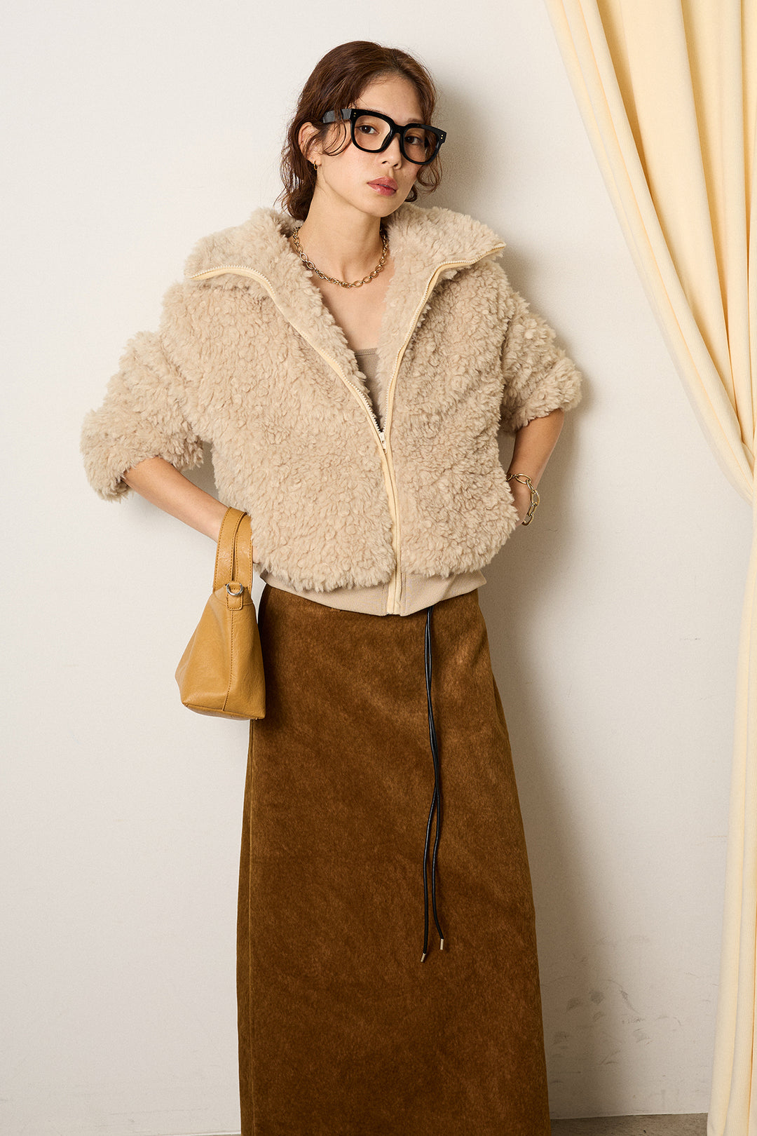 [SET]スタンドカラー裾リブボアブルゾン+ロープベルト付きスウェード調スカート(2set)