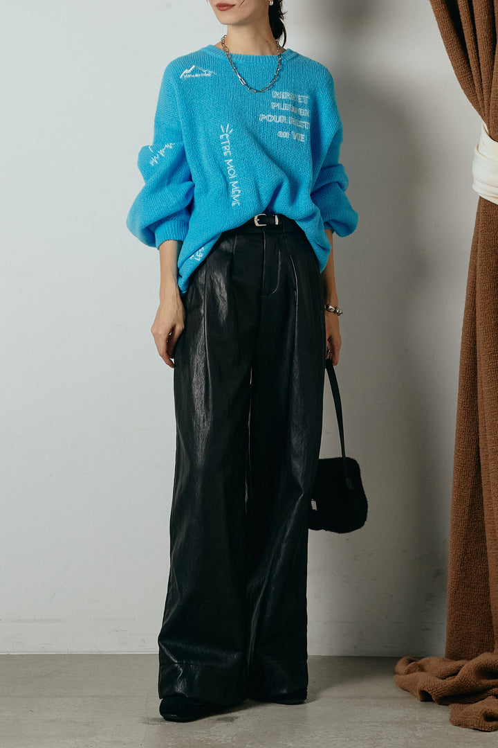 [SET]刺繍ロゴランダムデザインニットトップス+ベルト付きレザーライクタックパンツ(2set)