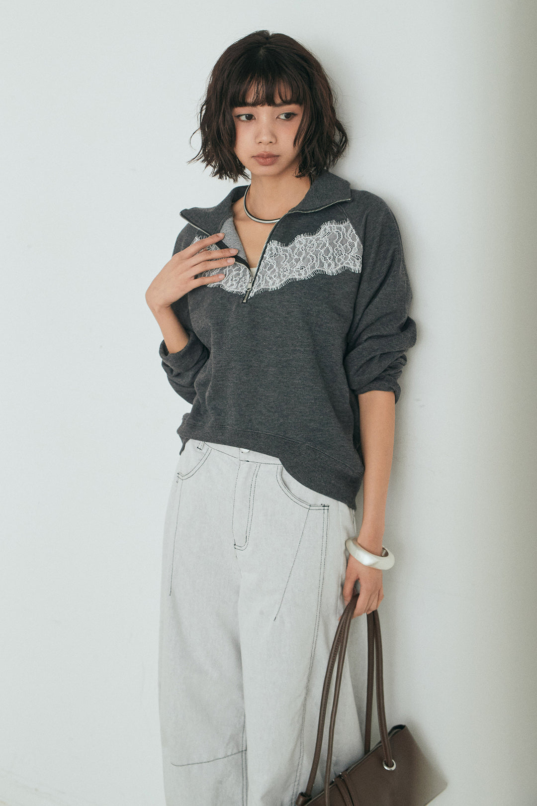 [SET]リバーレースハーフジップ裏毛スウェット+ツイル配色ステッチバレルパンツ(2set)