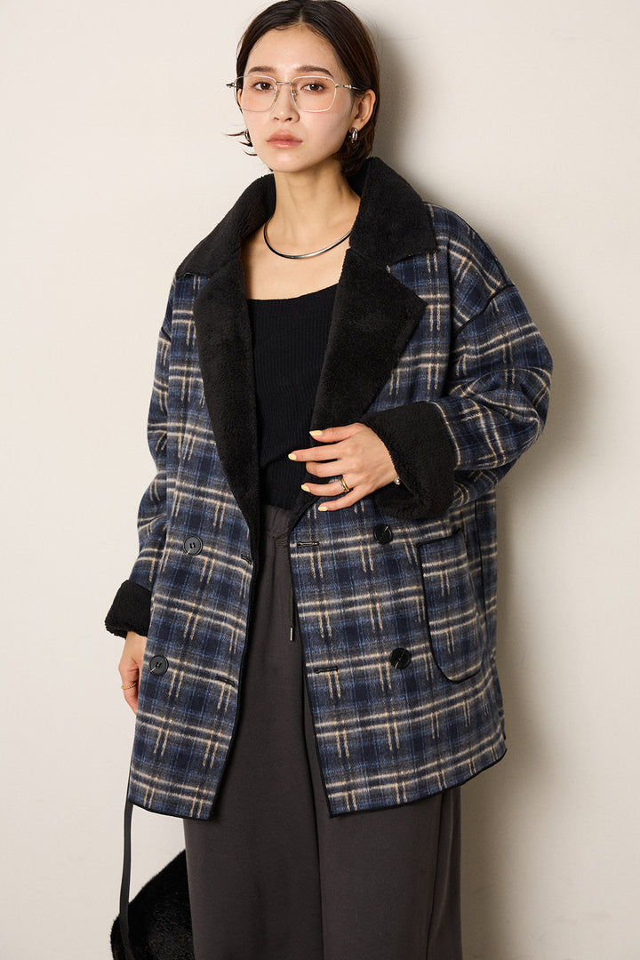 [SET]裏地ボアタータンチェック柄ミディアムコート+裏起毛スウェットワイドパンツ(2set)