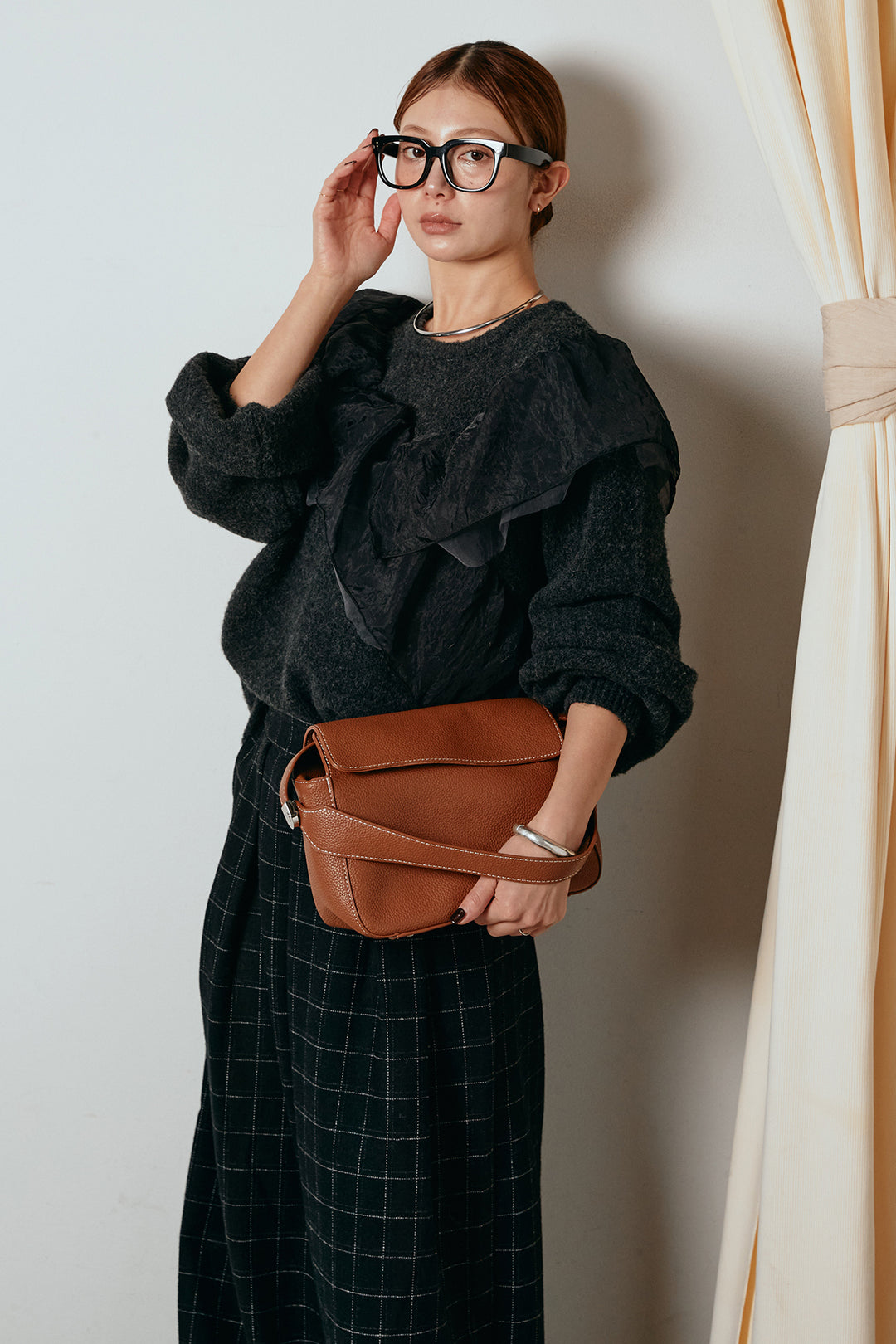 [SET]アシンメトリーフリルニットトップス+ウールライクチェックタックパンツ(2set)