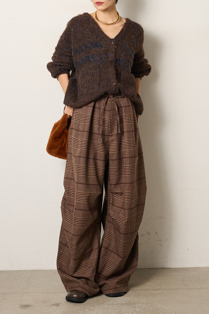 [SET]ウール混透かしロゴニットカーディガン+グレンチェックルーズタックパンツ(2set)