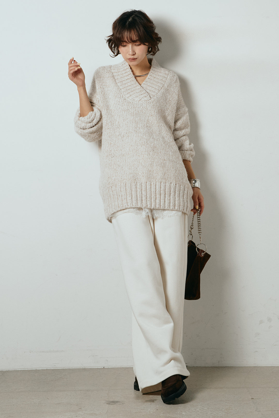 [SET]Vネックラメニットトップス+裏起毛スウェットワイドパンツ(2set)