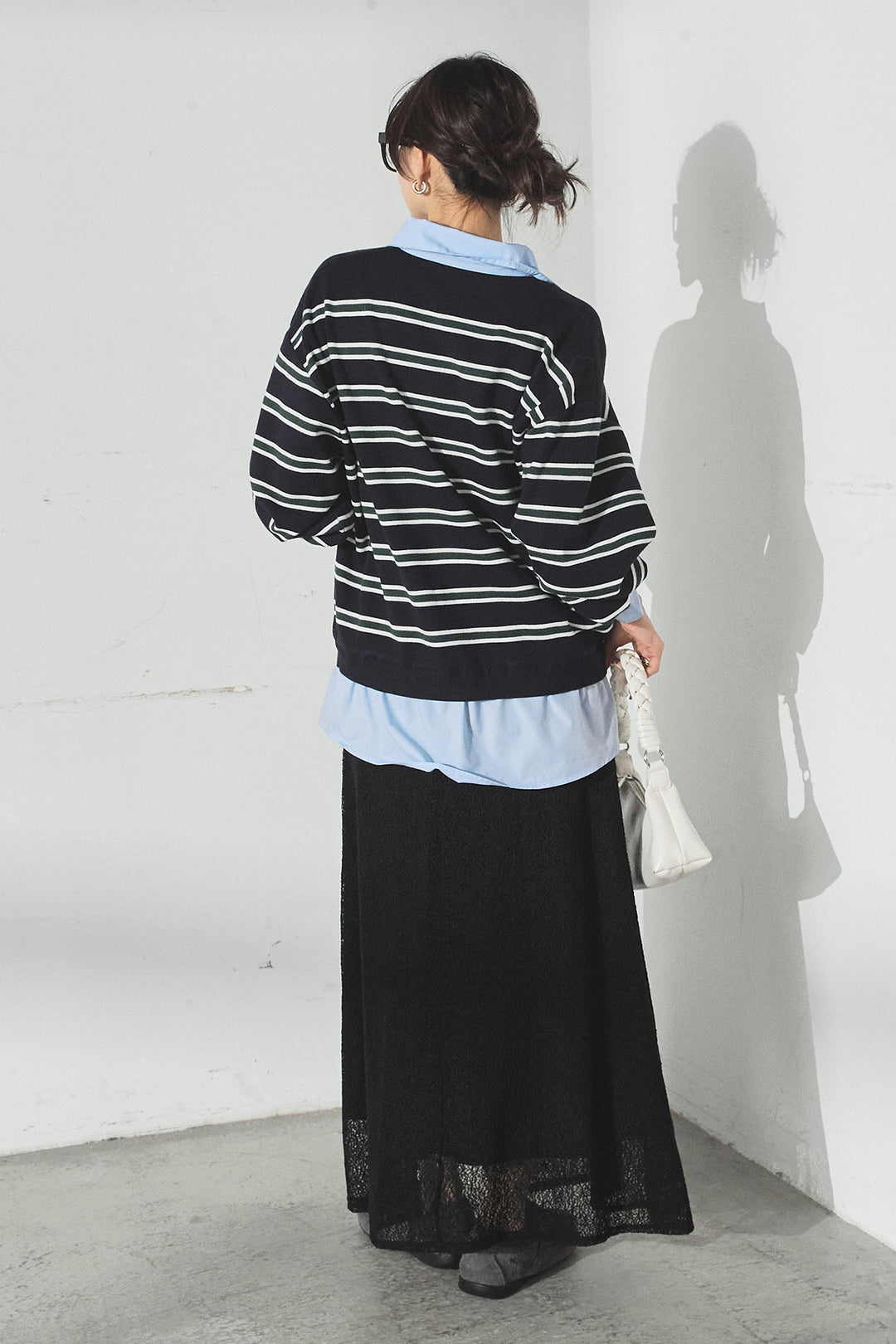 [SET]マルチボーダーシャツドッキングニットプルオーバー+メッシュ刺繍ロングスカート(2set)