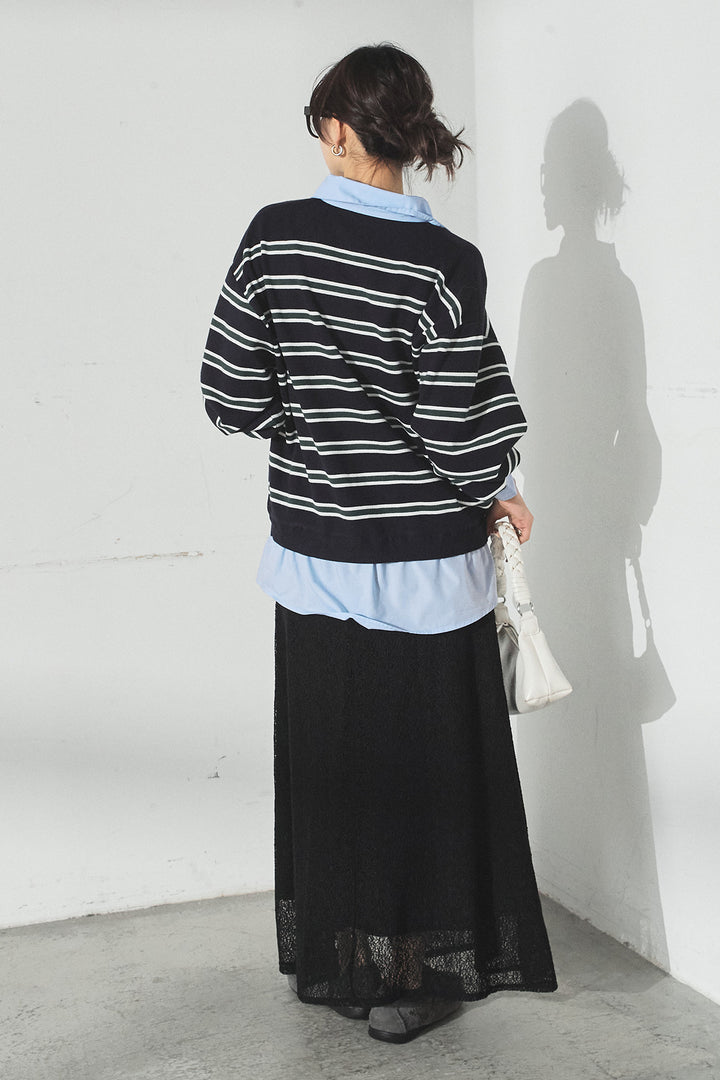[SET]マルチボーダーシャツドッキングニットプルオーバー+メッシュ刺繍ロングスカート(2set)