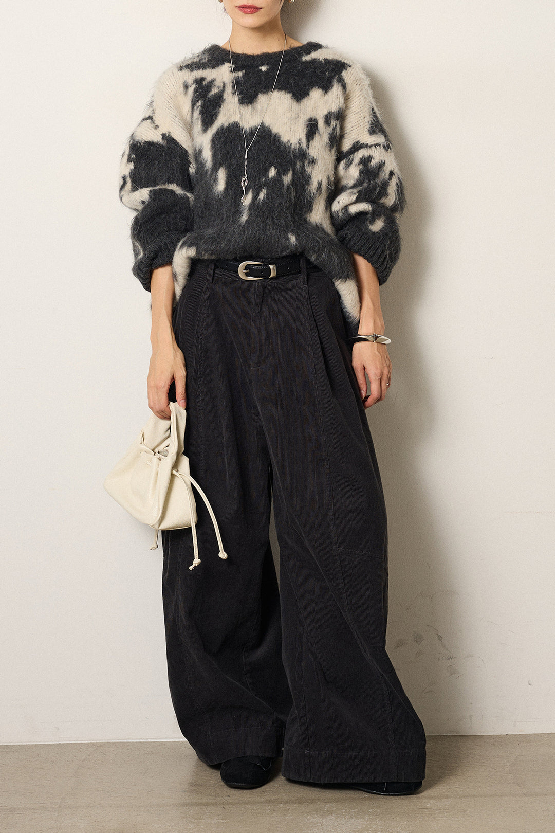 [SET]モヘアタッチマーブルニット+タック入りコーデュロイワイドパンツ(2set)