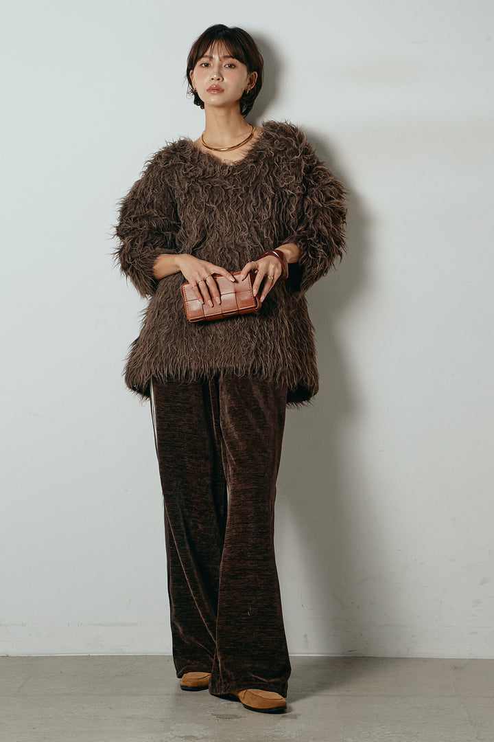 [SET]深Vネックシャギーニットトップス+リラックスサイドラインベロアワイドパンツ(2set)