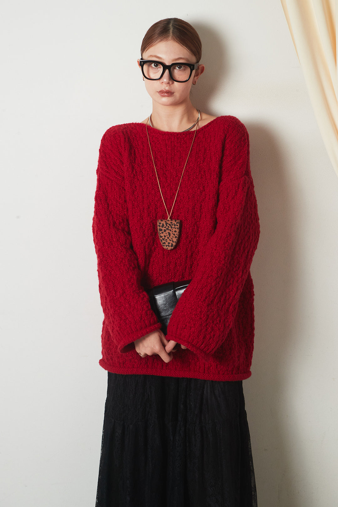 [SET]ボリューム編みニットプルオーバー+ひげレース切替ロング丈スカート(2set)