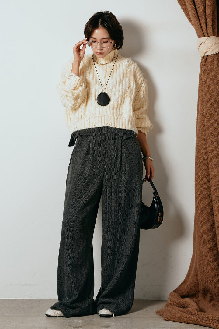 [SET]フリンジタートルショートニット+クラシックヘリンボーンサロペット(2set)