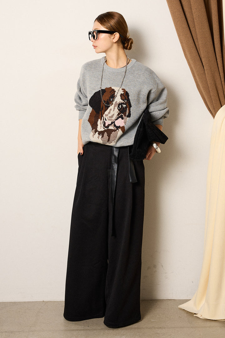 [SET]アニマルジャガード柄ニットトップス+巻ベルトウエストレザーライクワイドパンツ(2set)