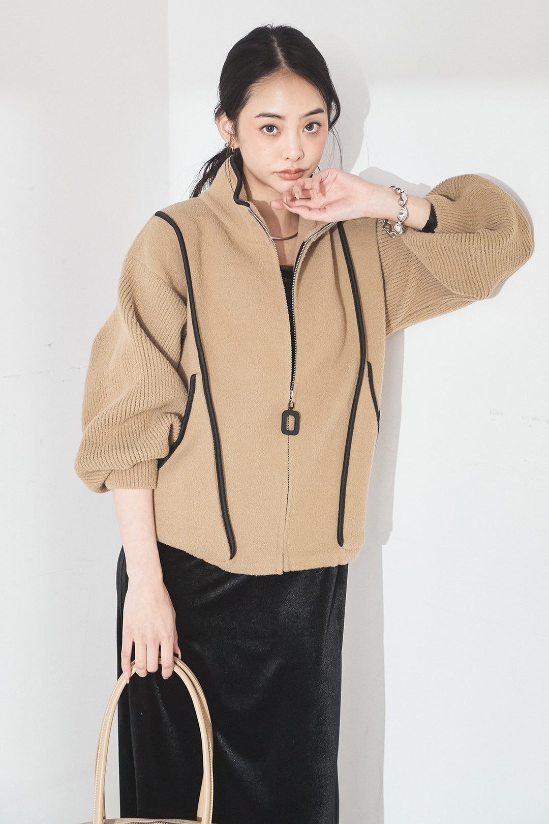 [SET]ハイネックパイピングデザインブルゾン+ベロアバレエネックワンピース(2set)