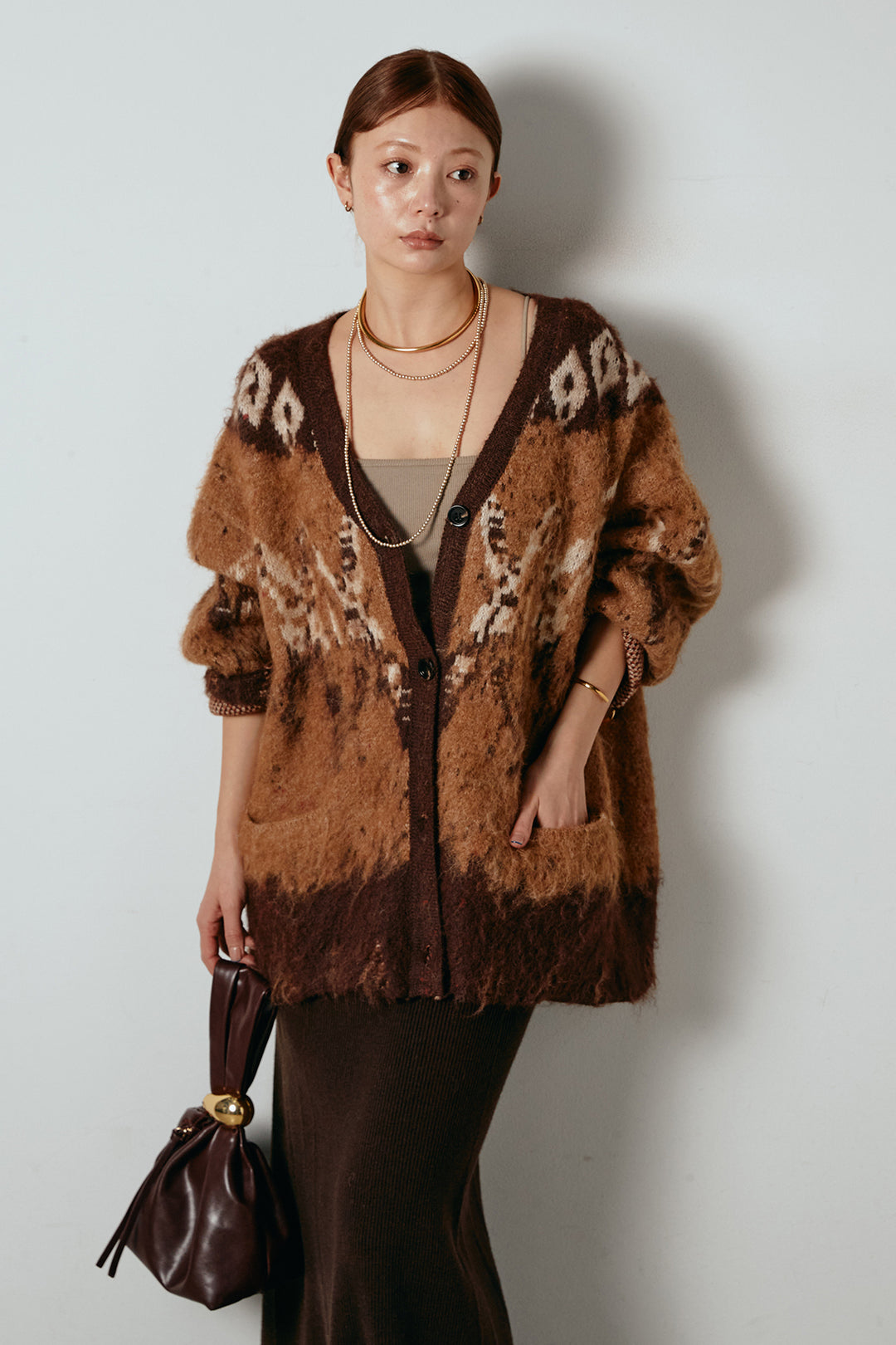 [SET]シャギーニュアンス柄ニットカーディガン+リブナローニットスカート(2set)