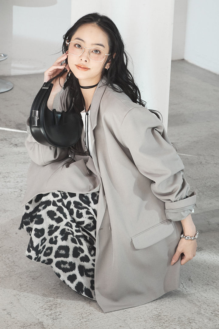 [SET]ルーズシルエットダブルテーラードジャケット+レオパードサテンナロースカート(2set)