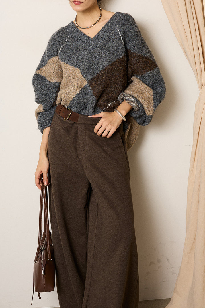 [SET]ルーズアーガイルVネックニット+サイドベルトパンツ(2set)