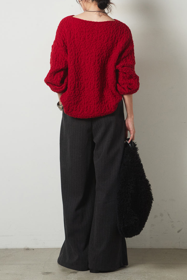 [SET]ボリューム編みニットプルオーバー+編みベルト付きピンストライプワイドパンツ(2set)