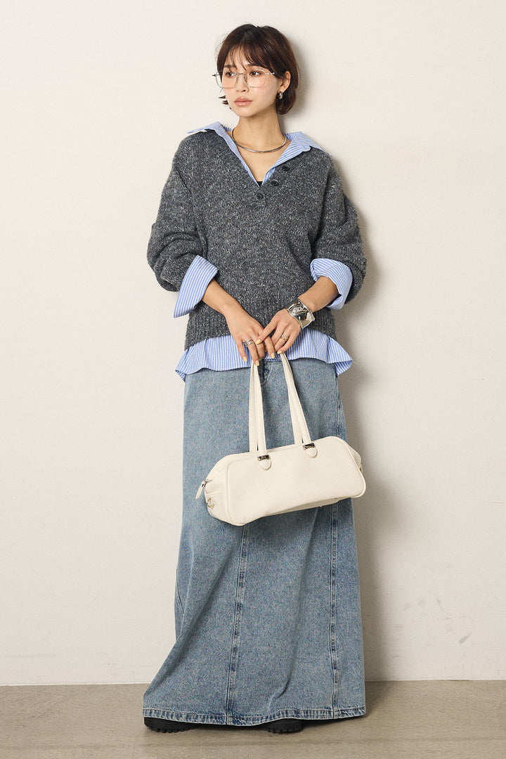 [SET]ストライプシャツドッキングニットポロトップス+デニムロングフレアスカート(2set)