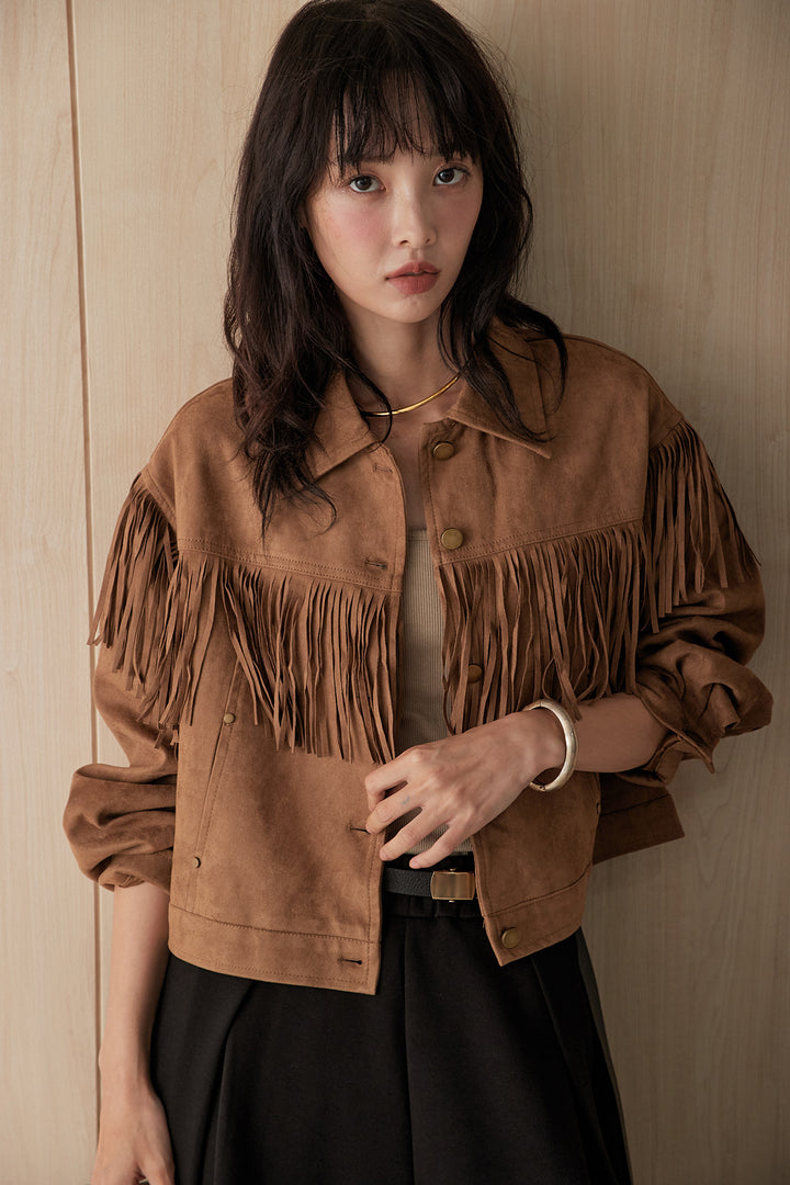 [SET]スウェードフリンジデザインブルゾン+ボンディングタックパンツ(2set)