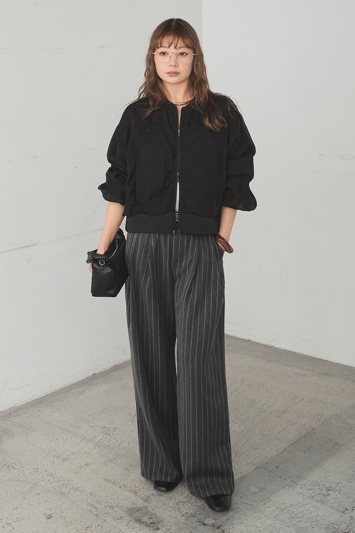 [SET]シアー×ポンチブルゾン+細ベルト付きピンストライプワイドパンツ(2set)