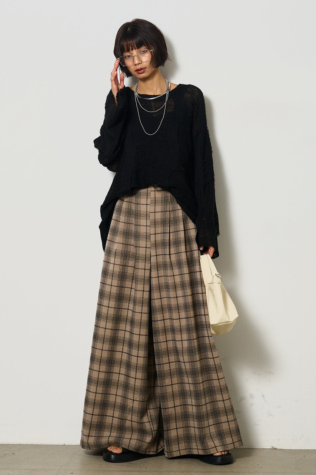 [SET]パターンモヘアローゲージニットプルオーバー+タータンワイドチェックパンツ(2set)
