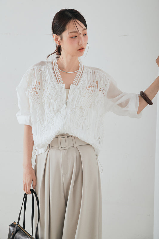 【着回しセット】[SET]ミックスメッシュキーネックプルオーバー+モチーフ付きシアーブルゾン+ベルト付きツータックワイドパンツ(3set)