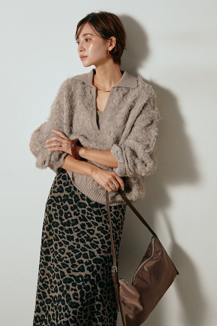 [SET]襟付きシャギーニットポロトップス+レオパードロングスカート(2set)