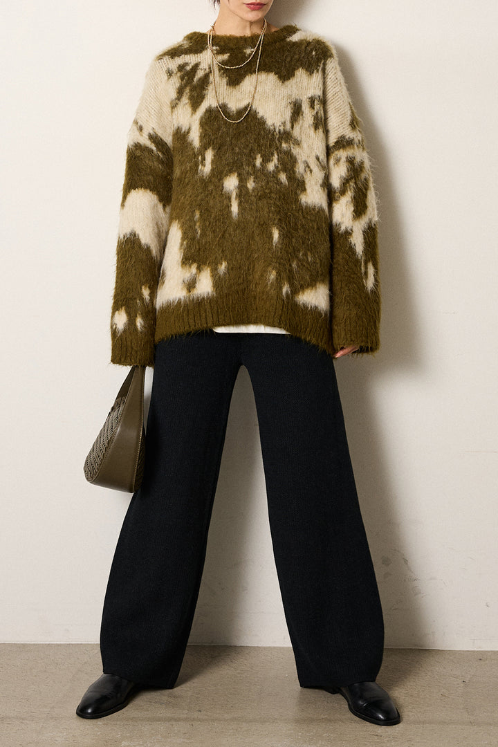 [SET]モヘアタッチマーブルニット+ワイドリブニットイージーパンツ(2set)