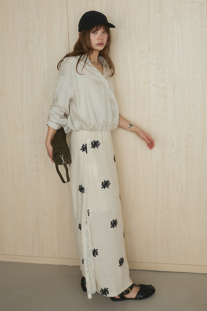 [SET]麻混襟付きトップス+レースコンビフラワー刺繍柄スカート(2set)