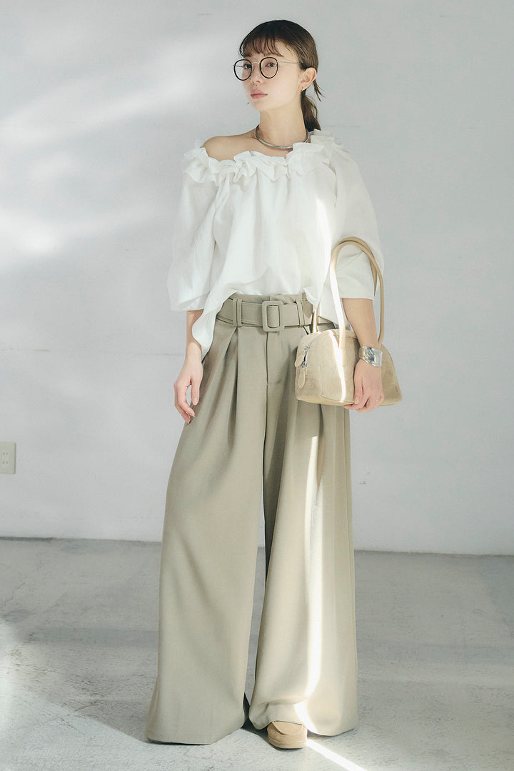 [SET]ネックフリルデザインブラウス+ベルト付きツータックワイドパンツ(2set)