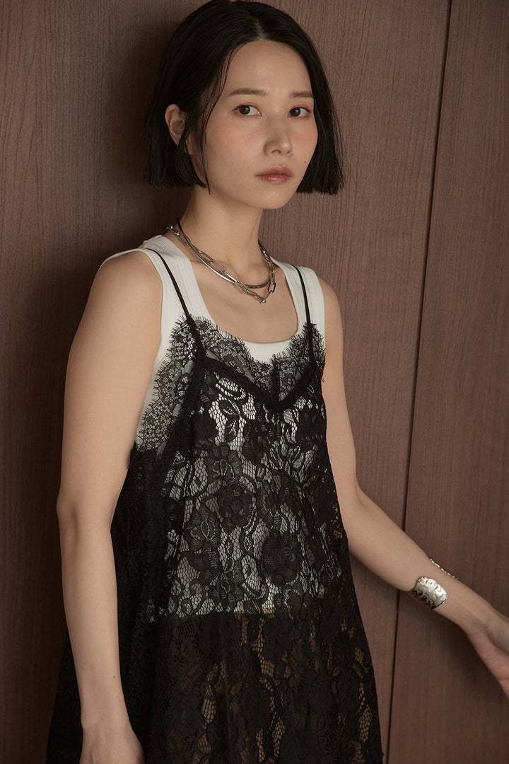 [SET]ラッセルレースキャミソール+パット付きワイドショルダータンク+スウェードカーブパンツ(3set)